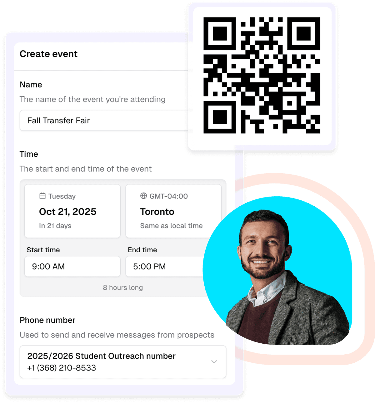 Screenshots of event set-up and QR code on Enroll IQ Prospective Student Data Capture and Engagement Platform