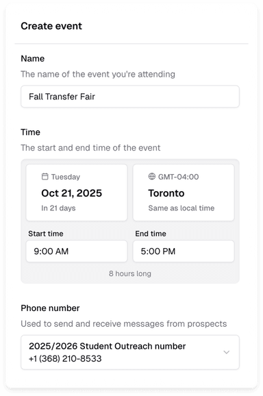 Screenshot of event creation on Withe Enroll IQ Prospective Student Data Capture and Engagement Platform