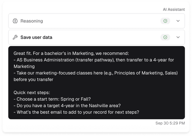 Screenshot of AI personalization on Withe Enroll IQ Prospective Student Data Capture and Engagement Platform