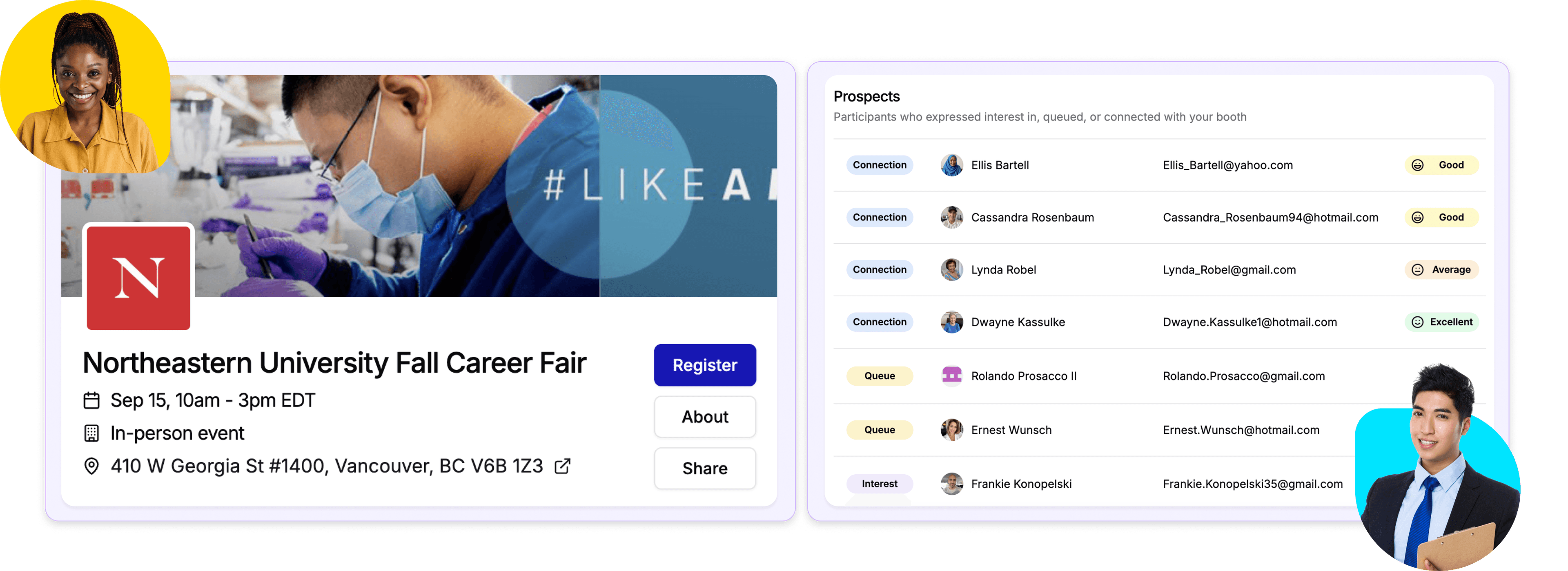 Screenshot of a Withe career fair landing page and prospects list