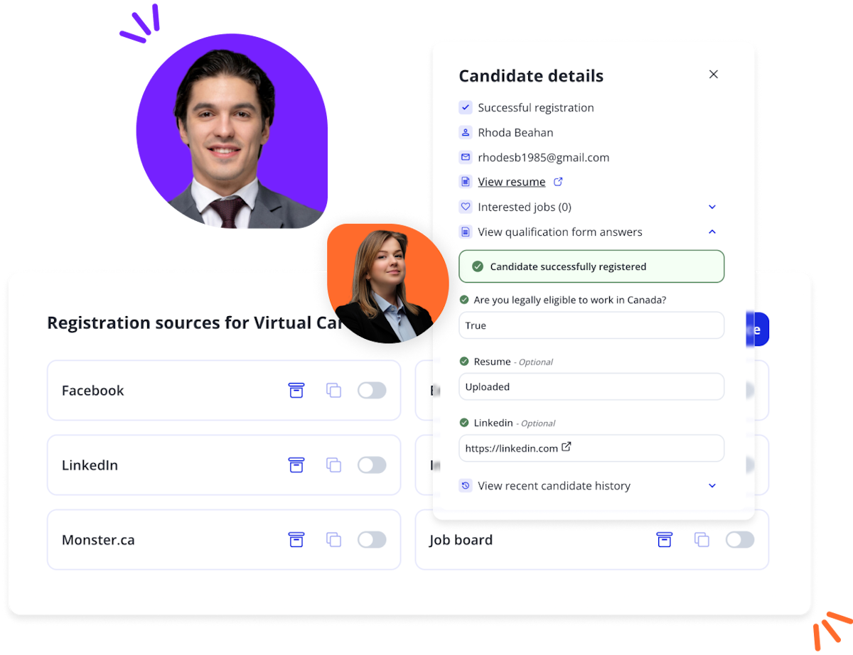 Screenshots of candidate details and registration sources on the Withe career fair software