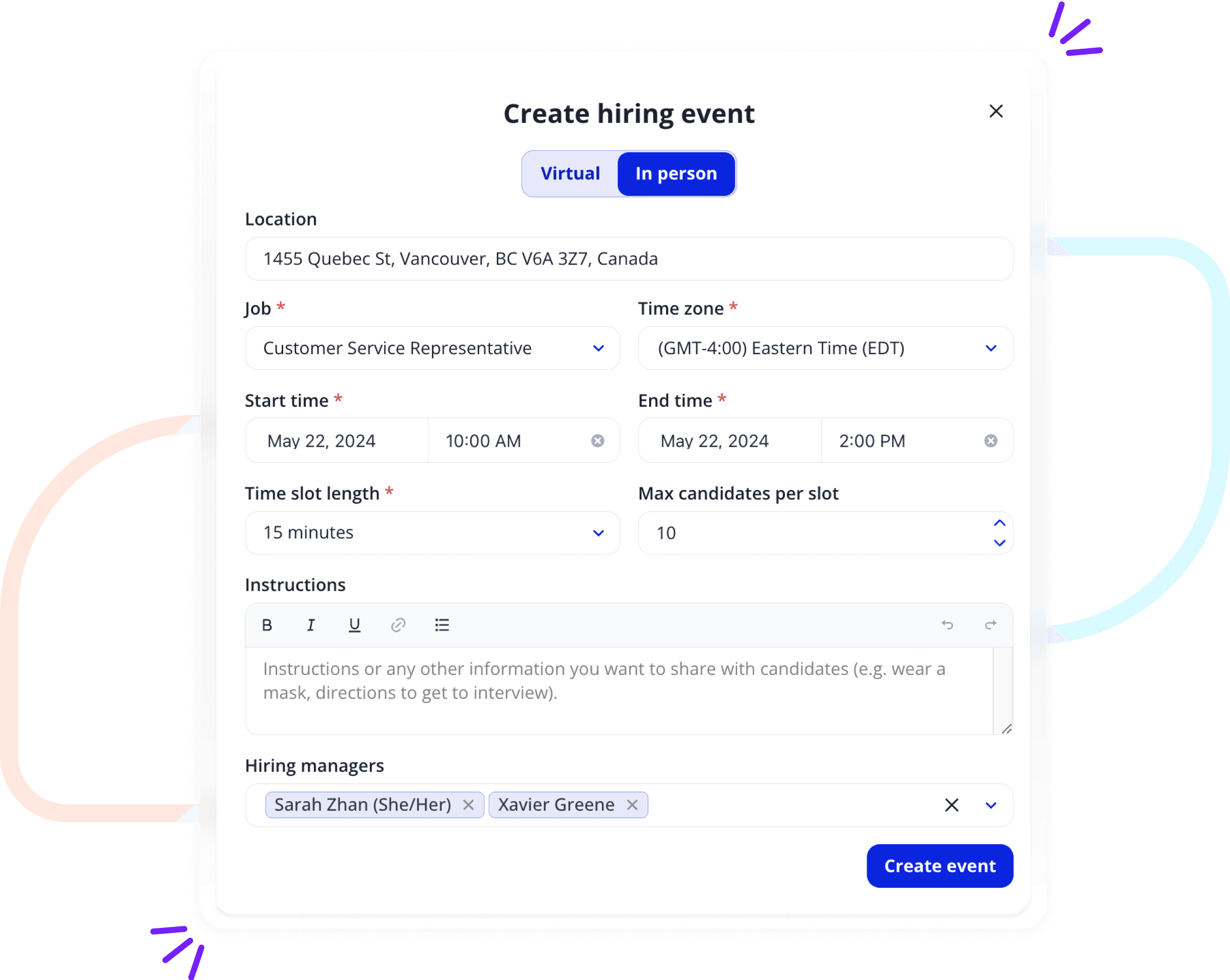 Hiring managers create an in-person hiring event on the Withe in-person hiring event platform