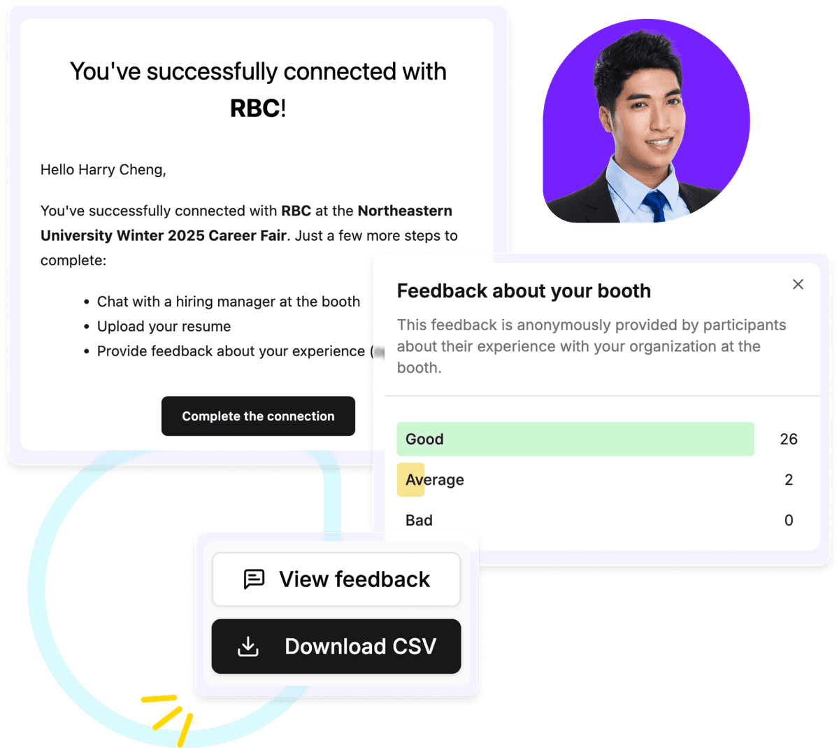 Screenshots of follow-ups and reports on Withe TalentSync Career Fair Data Capture Platform