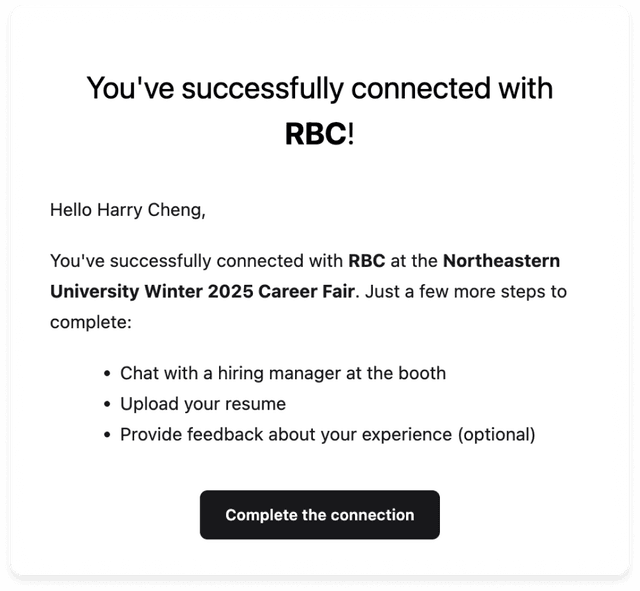 Screenshot of candidate follow up email from Withe TalentSync Career Fair Data Capture Platform