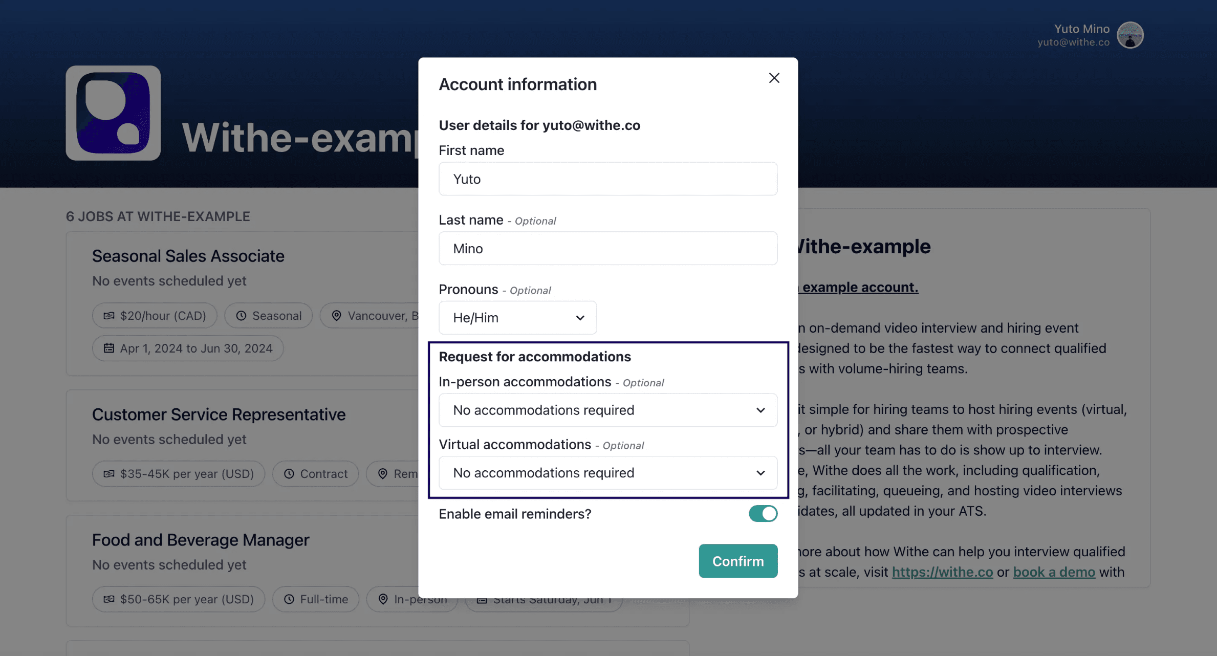 Request for accommodations in the interview process on the Withe platform