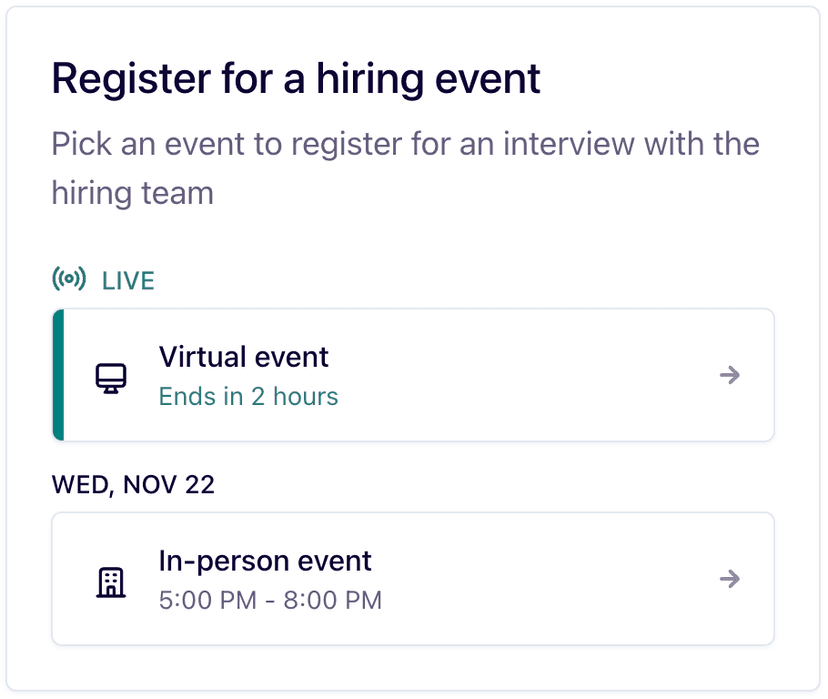 Screenshot of first step of hiring event registration in Withe