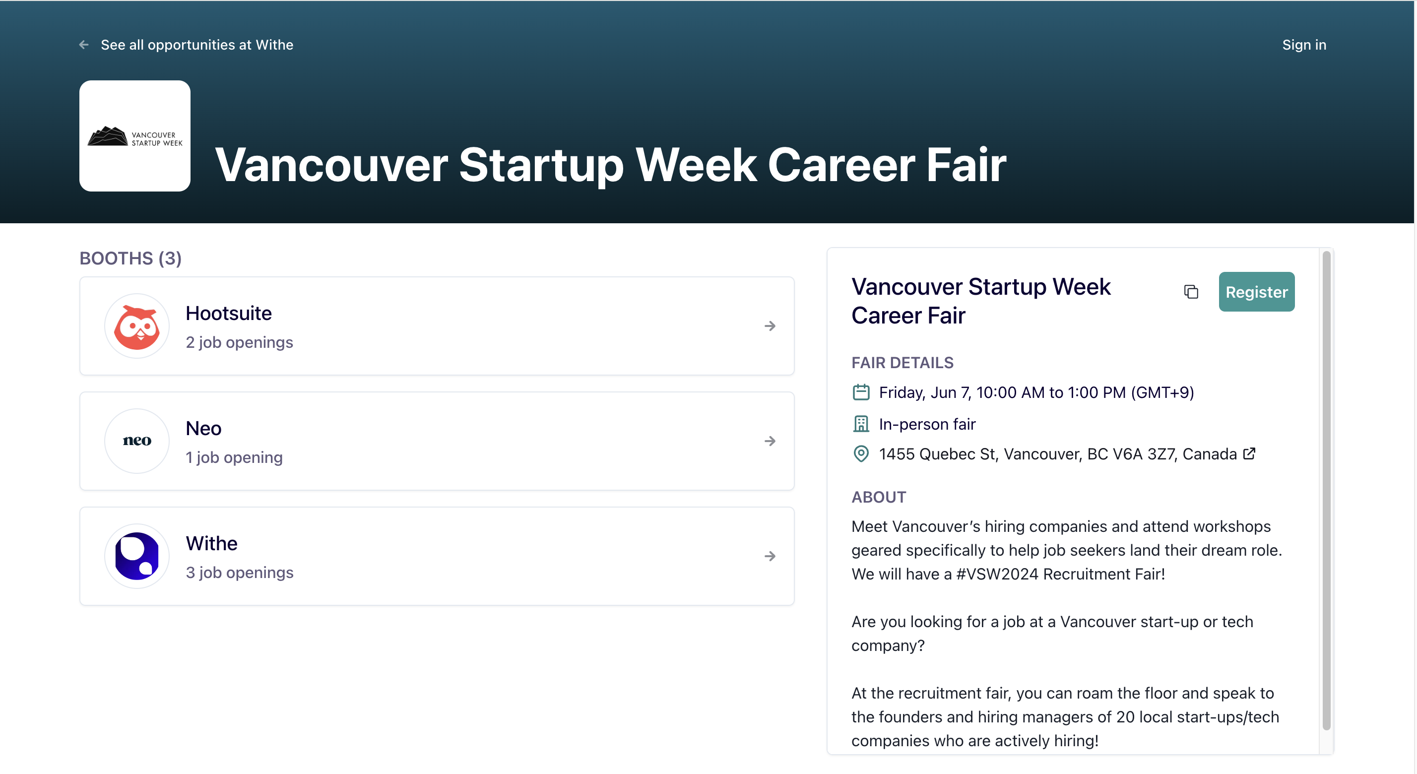 A Withe job fair site showing company booths.