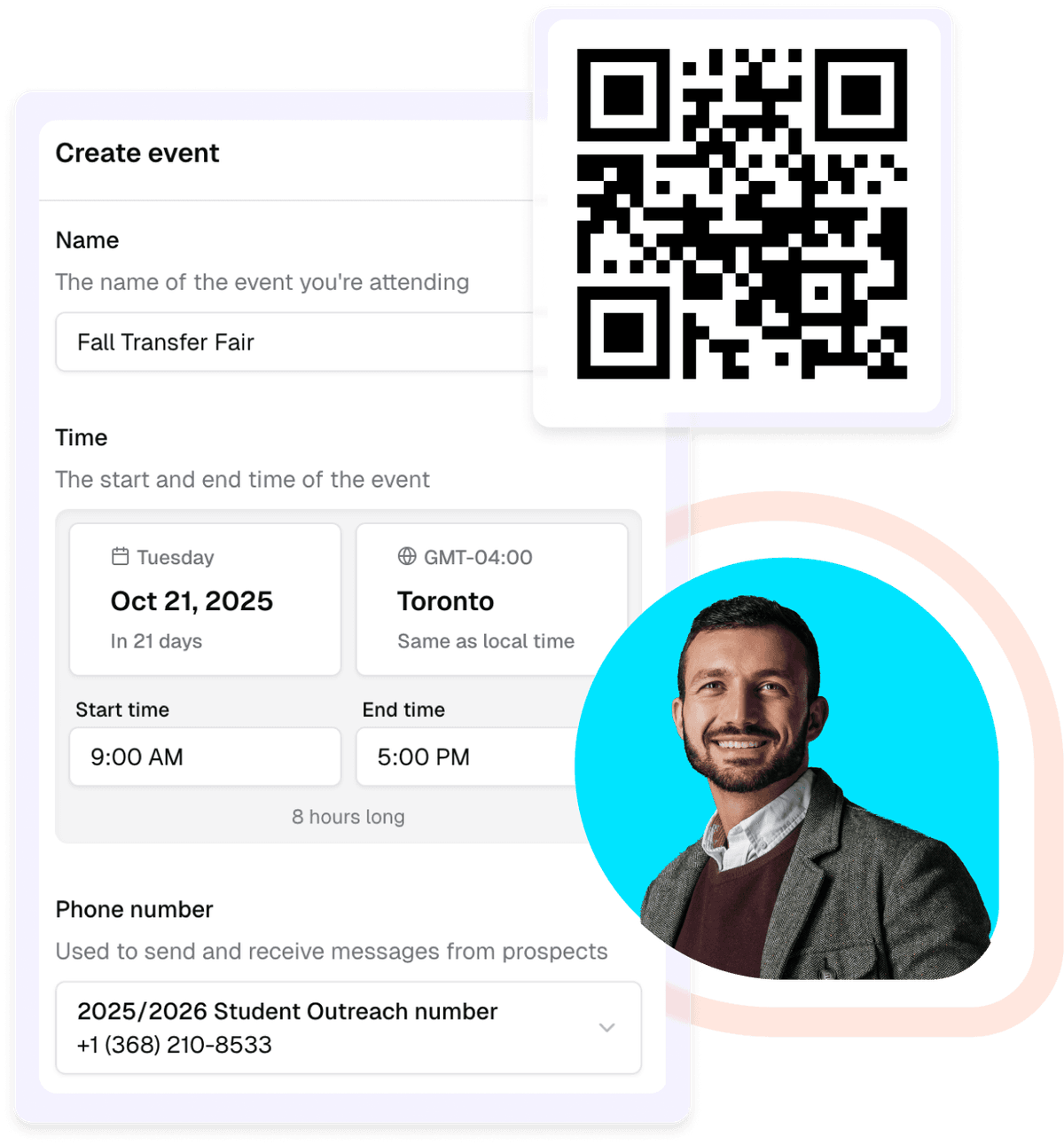 Screenshots of event set-up and QR code on Enroll EQ Prospective Student Data Capture and Engagement Platform