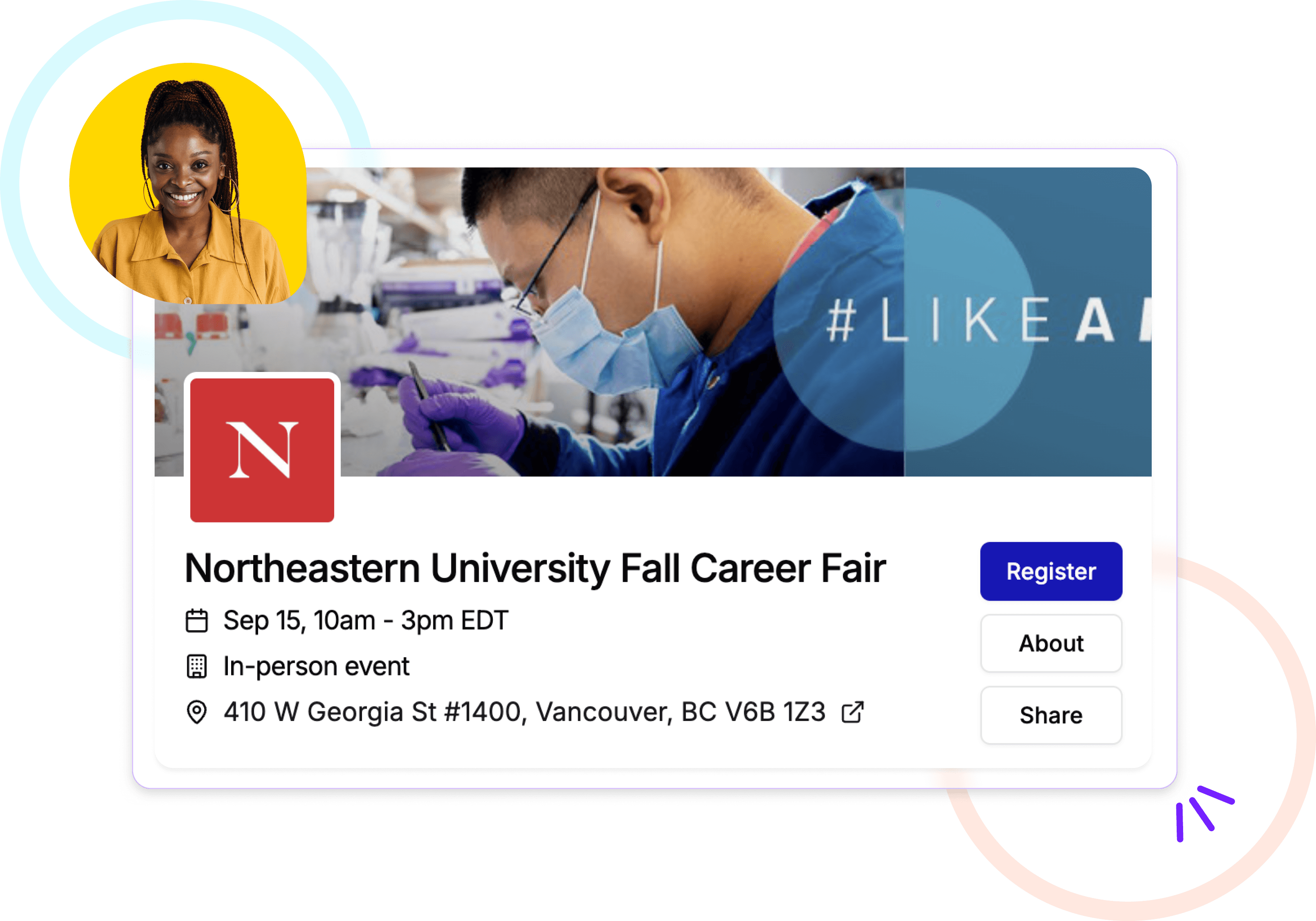 Withe event setup showing a career fair event card with registration details