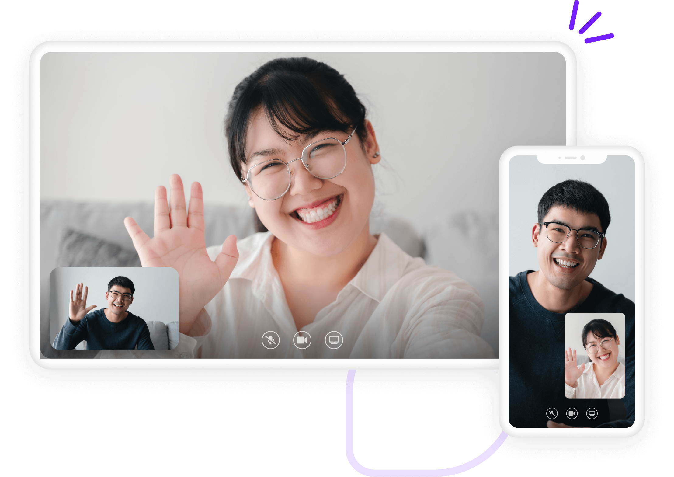 Man and woman on a video call with each other, waving at the camera and smiling