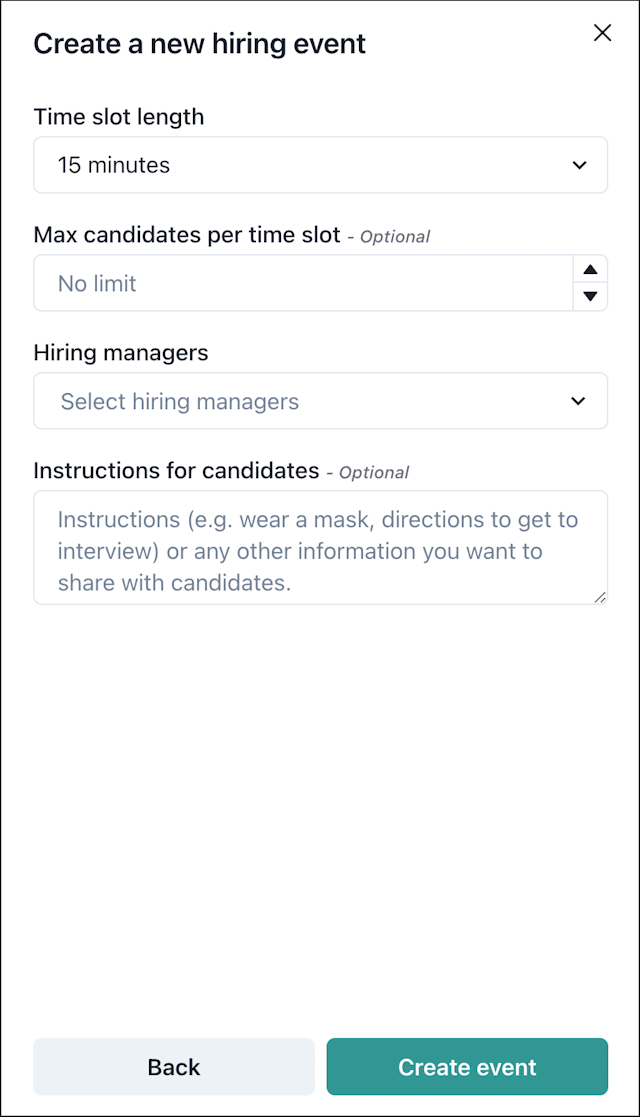 Screenshot of step two of creating a hiring event in Withe