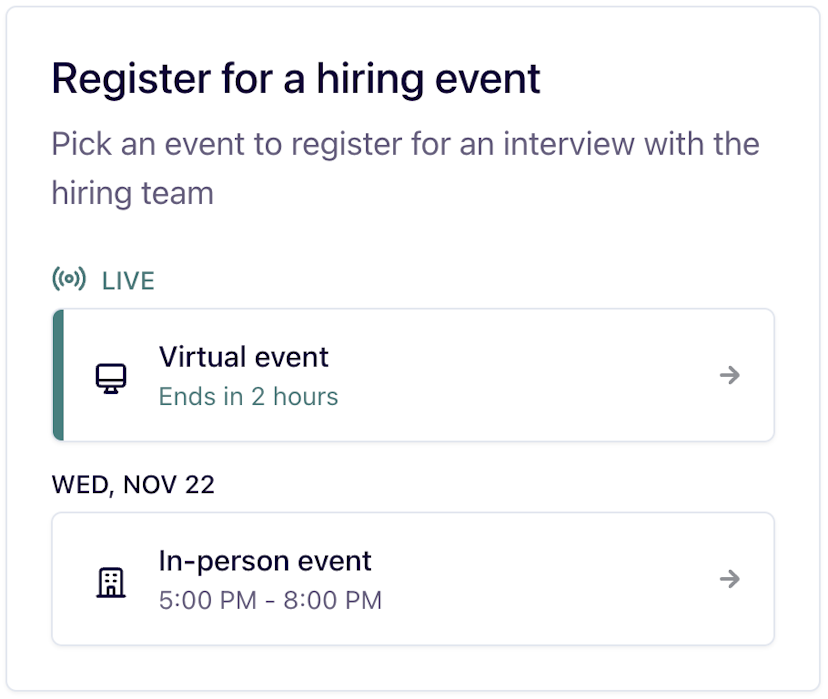 Screenshot of first step of hiring event registration in Withe